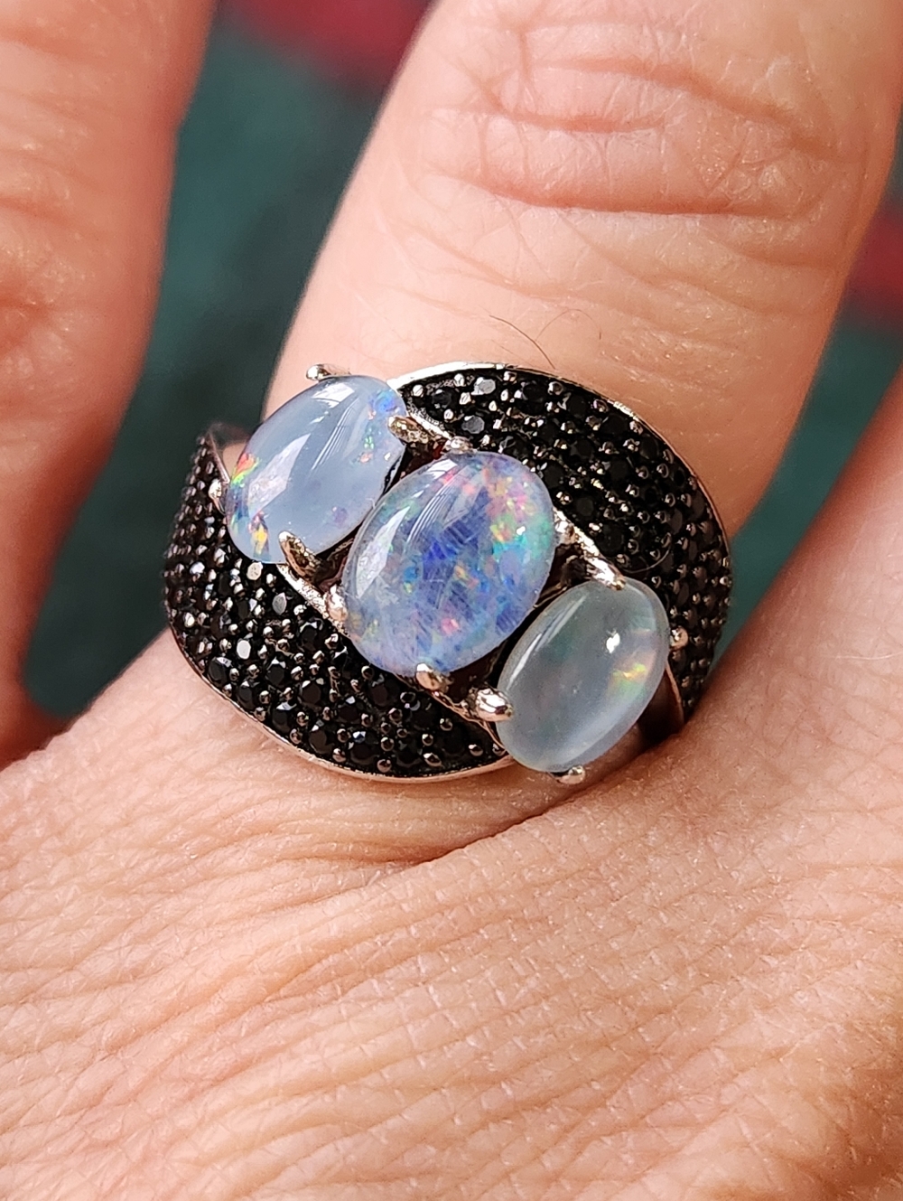 NIB VTG 925 Natural Opal Triplet Stone Black Spinel Pave Accents Ring Sz 5 - Picture 8 of 14